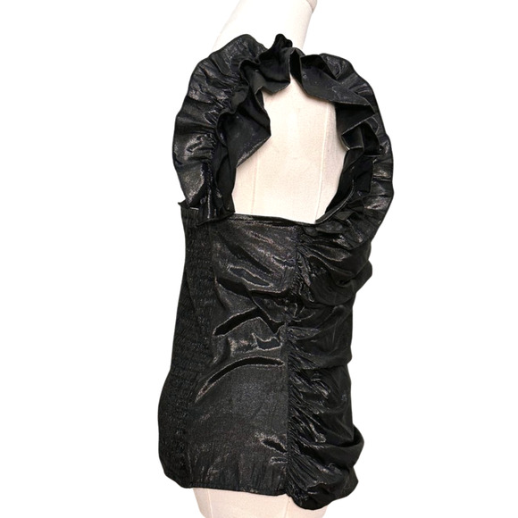 Myth Black Taffeta Ruffled One Shoulder Smocked Padded Ruched Blouse Large - Picture 3 of 7